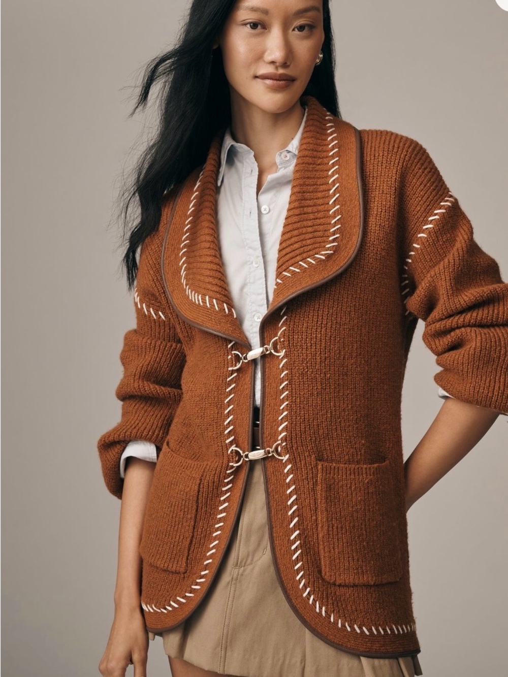 Maeve Rust Brown Shawl-Collar Cardigan with Contrast Stitching - Picture 1 of 4